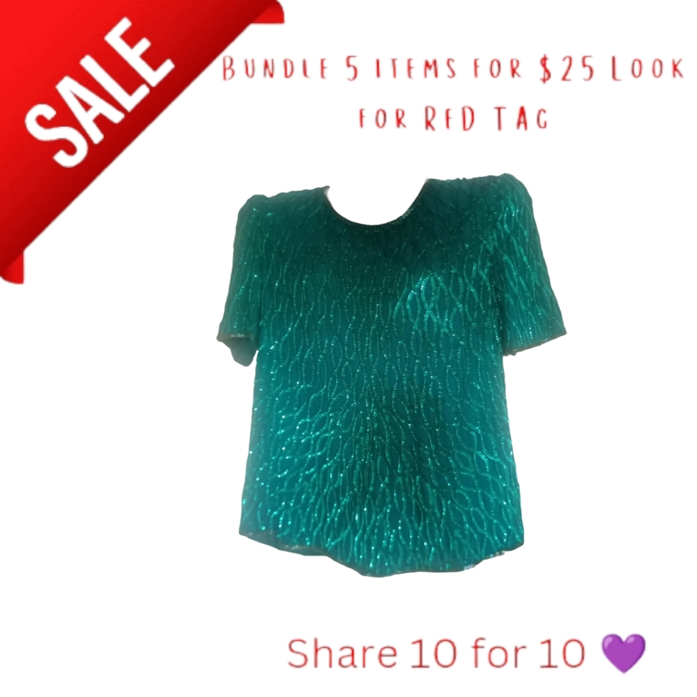 Silk sequin vintage Laurence Kazar Size large teal top